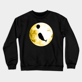 Whale flies with a balloon, black silhouette on the yellow moon Crewneck Sweatshirt